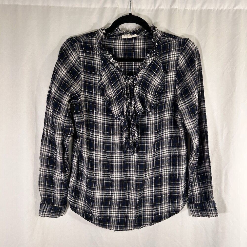 Jane and Delancey Blouse Women's Medium Blue White Plaid Vneck Long Sleeve